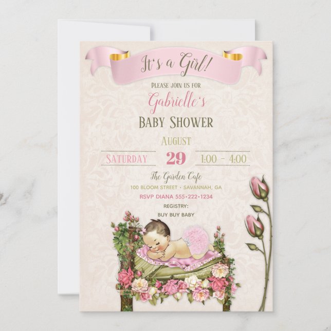 Invitation Baby shower de jardin romantique Roses vert rose (Devant)