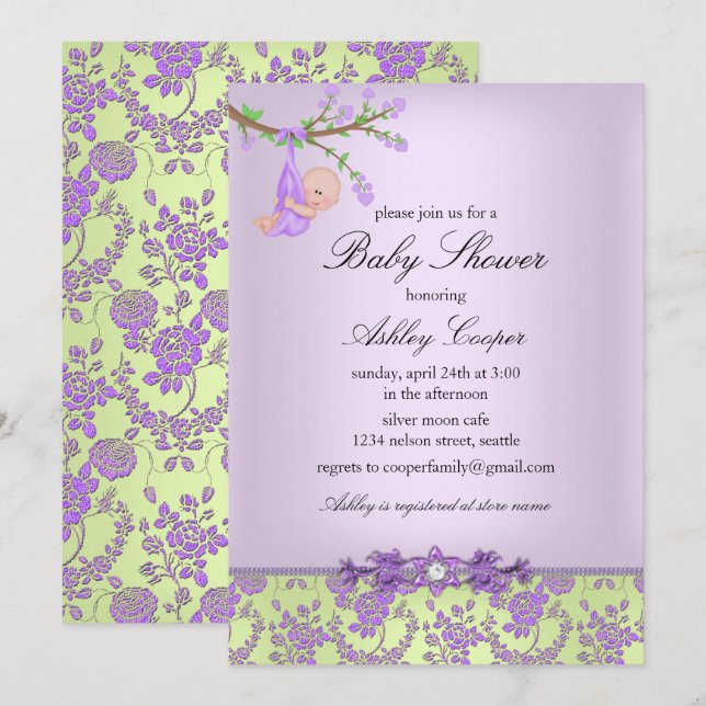 Invitation Baby shower de jardin Rose violet et ve (Devant / Derrière)