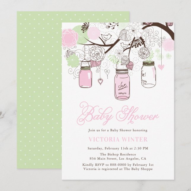 Invitation Baby shower de jarres de mason rose et vert menthe (Devant / Derrière)