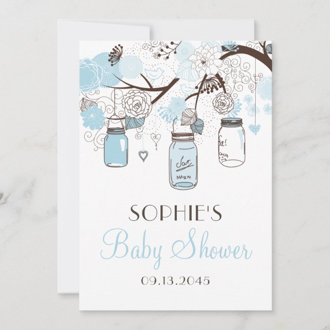 Invitation Baby shower de jarres et de fleurs en Mason bleu c (Devant)