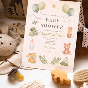 Invitation Baby shower de jouets pour bébé en aquarelle migno