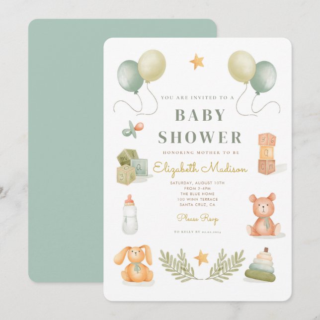 Invitation Baby shower de jouets pour bébé en aquarelle migno (Devant / Derrière)