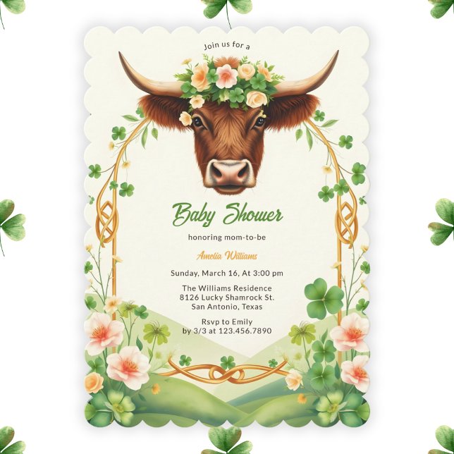 Invitation Baby shower de Jour de la Saint Patrick de vache G (Green Highland Cow St. Patrick's Day Baby Shower Invitation)