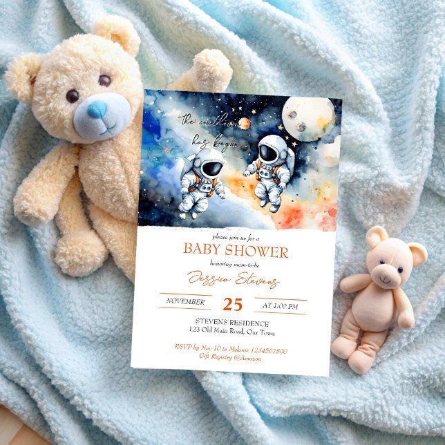 Invitation Baby shower de jumeaux astronautes de l'espace ext (Outer space astronaut twins baby shower invitation editable template cute baby astronauts in space)