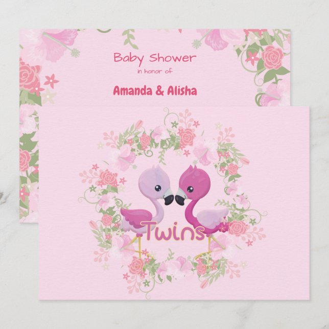 Invitation Baby shower de jumeaux de Flamant rose  (Devant / Derrière)