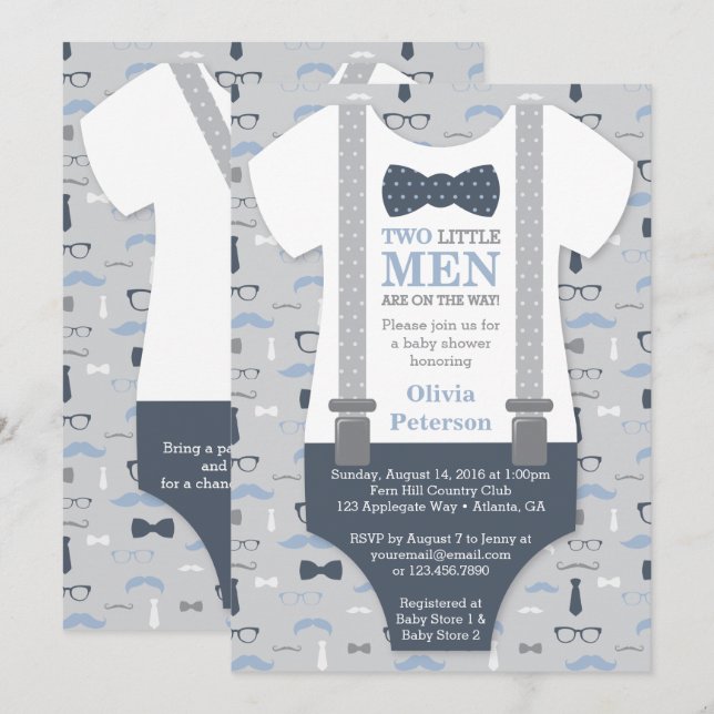 Invitation Baby shower de jumeaux Little Man, gris (Devant / Derrière)