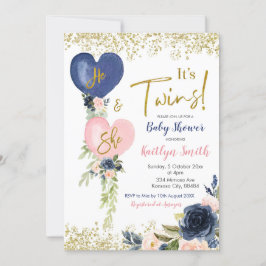 Invitation Baby shower de jumeaux Marine & Blush B