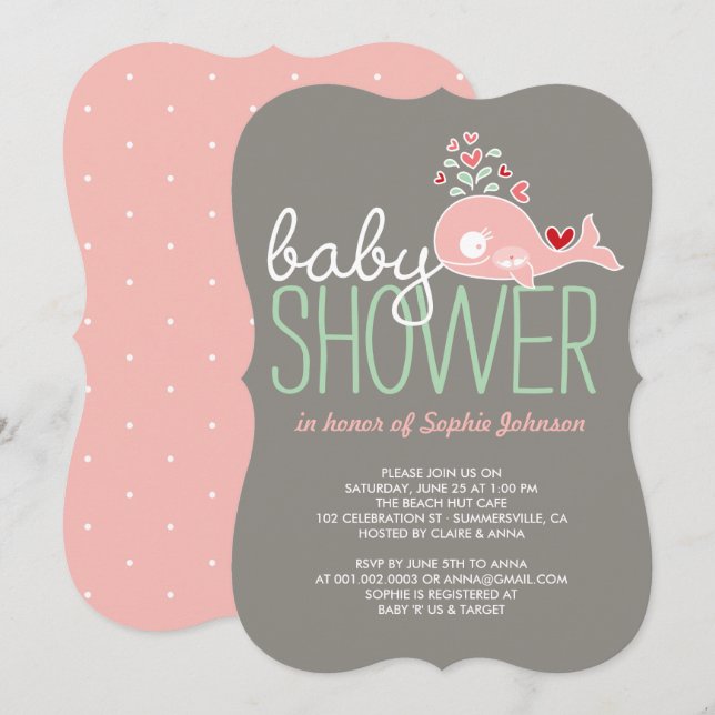 Invitation Baby shower  de jumelles de baleine ros (Devant / Derrière)