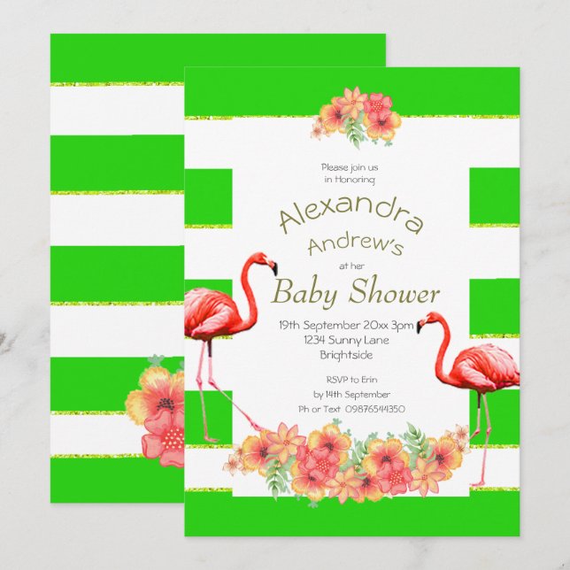 Invitation Baby shower de la bande verte tropicale non sexist (Devant / Derrière)