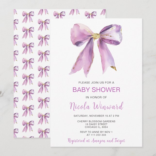 Invitation Baby shower de la boîte de coquette violet (Devant / Derrière)