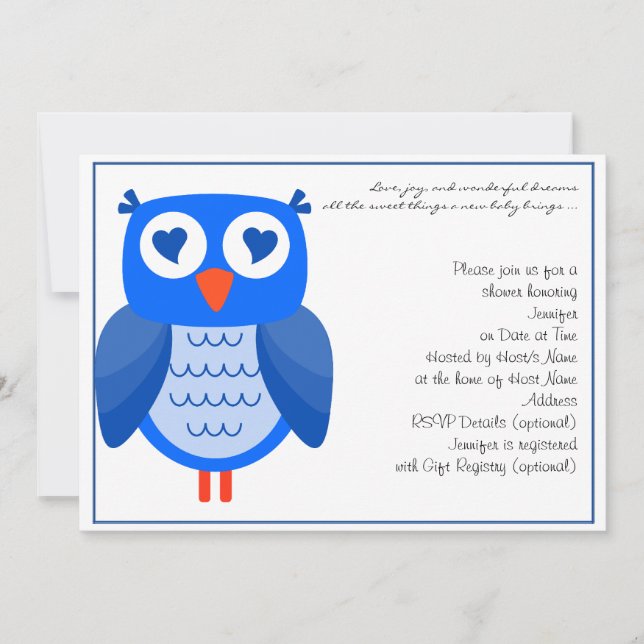 Invitation Baby shower de la Chouette bleue (Devant)