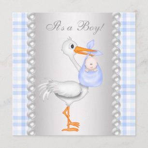 Invitation Baby shower de la cigogne à perles bleues En vichy