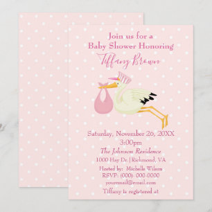 Invitation Baby shower de la cigogne à points rose et blanc
