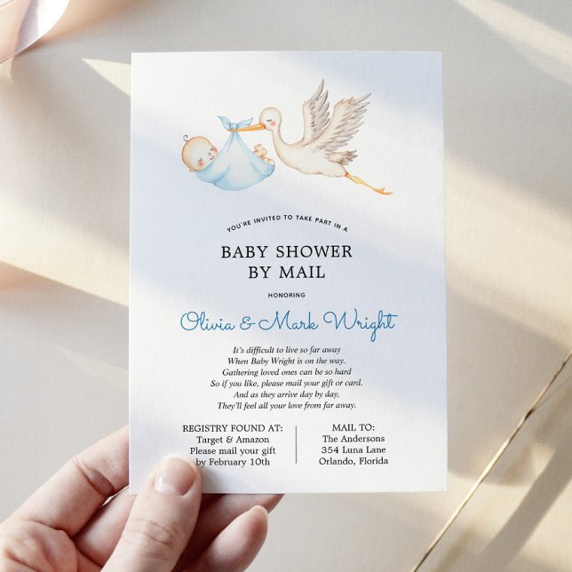Invitation Baby shower de la cigogne bleue par courrier (Créateur téléchargé)