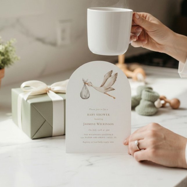 Invitation Baby shower de la cigogne d'aquarelle minimale (Créateur téléchargé)