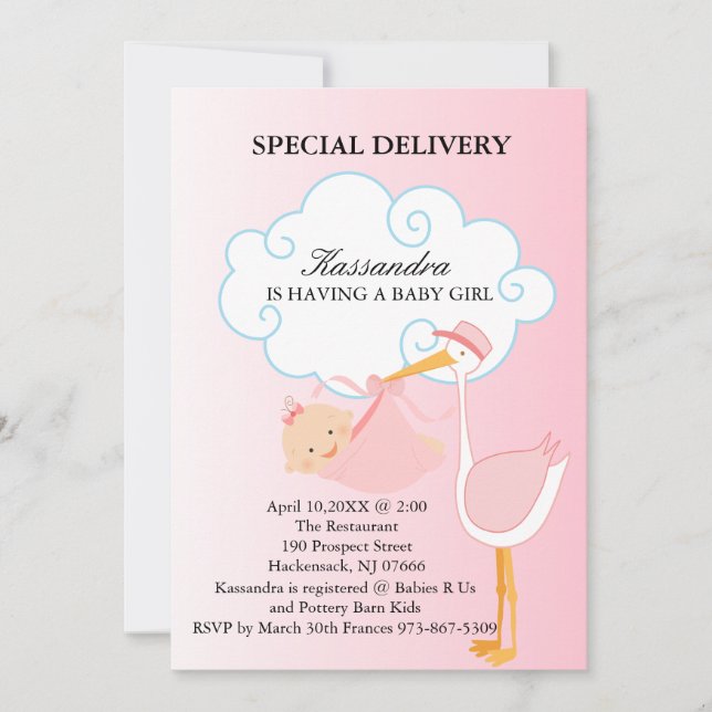 Invitation Baby shower de la cigogne rose (Devant)