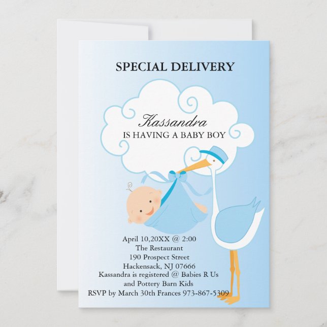Invitation Baby shower de la cigogne rose (Devant)