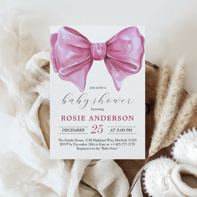 Invitation Baby shower de la corbeille rose (Girly Pink Watercolor Bow Baby Shower Invitation)