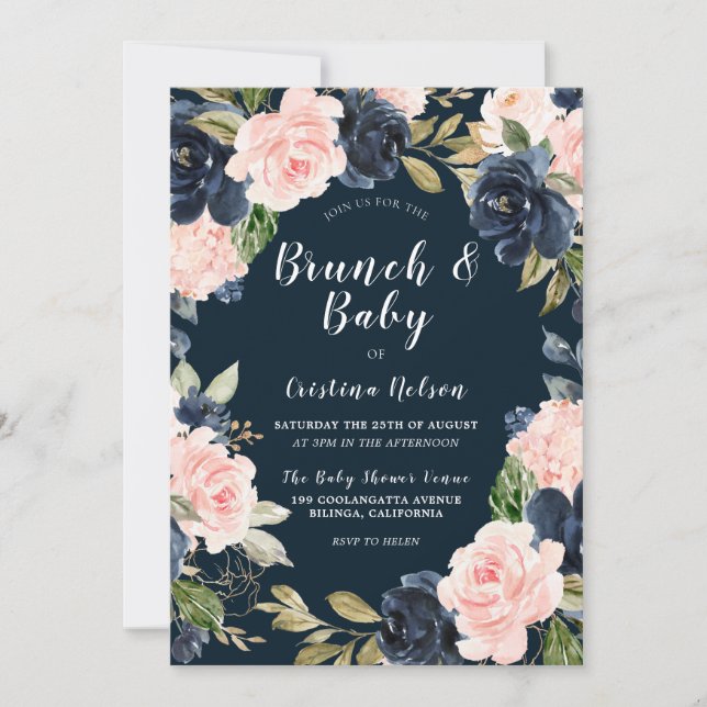 Invitation Baby shower de la couronne florale de la Marine et (Devant)