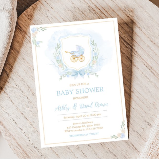 Invitation Baby shower de la crête d'aquarelle bleue (Blue Gold Carriage Crest Baby Shower Invitation)