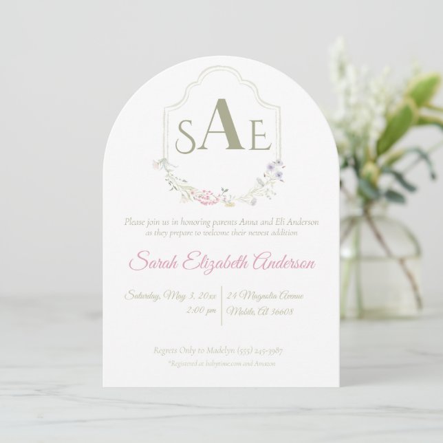 Invitation Baby shower de la crête de Monogram Fleur sauvage  (Debout devant)