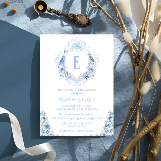 Invitation Baby shower de la crête florale Bleu Bow (Créateur téléchargé)