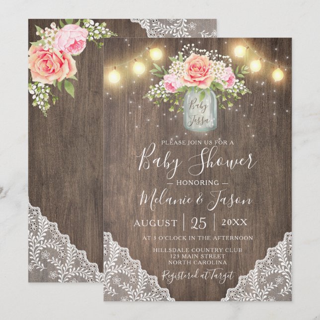 Invitation Baby shower de la dentelle Mason Jar aux fleurs ro (Devant / Derrière)