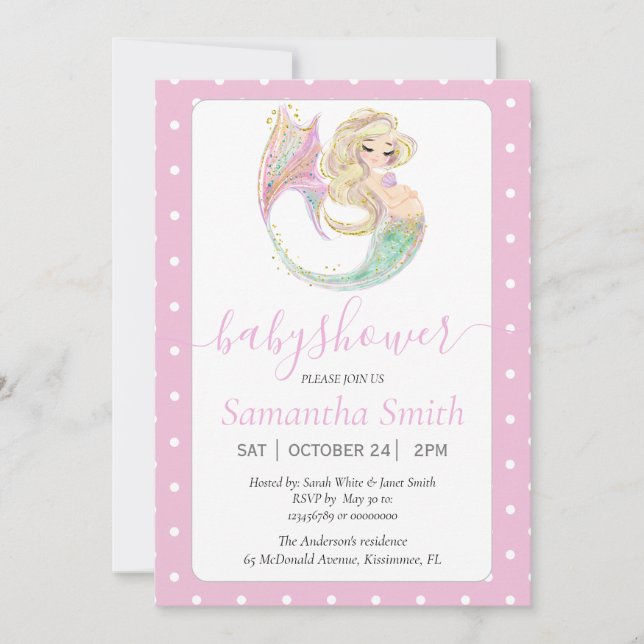 Invitation Baby shower de la Fête de la Sirène de Blonde. Sou (Devant)