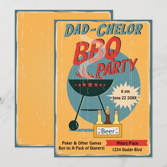 Invitation Baby shower de la fête du barbecue papa-Chelor (Devant / Derrière)