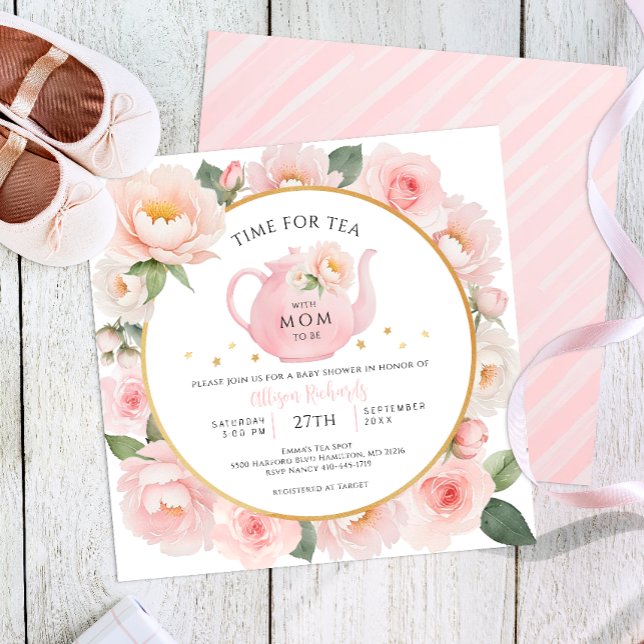 Invitation Baby shower de la fête du thé floral aq (Time for te with mom to be baby shower)