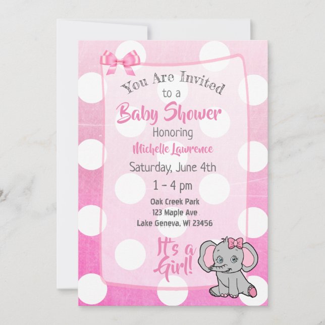 Invitation Baby shower de la fille aux éléphants roses (Devant)