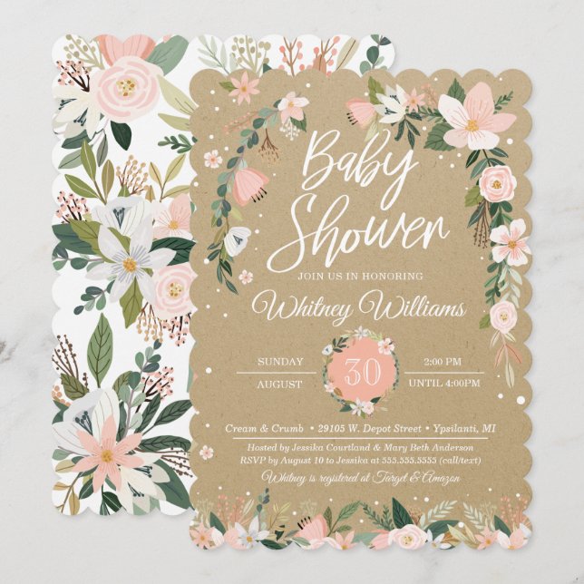 Invitation Baby shower de la fille blanche rose blanche flora (Devant / Derrière)