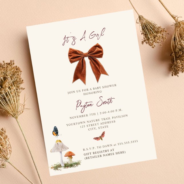 Invitation Baby shower de la fille bow de champignon de bois (Créateur téléchargé)