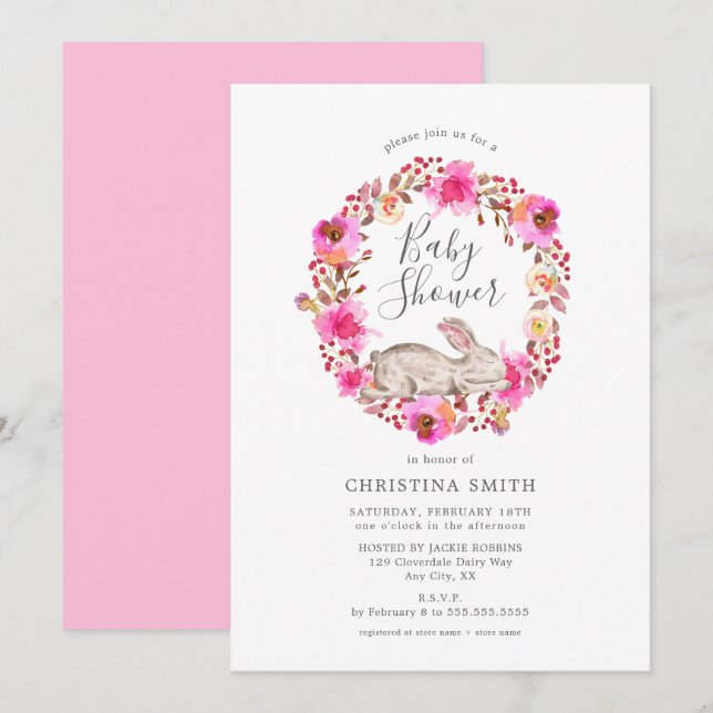 Invitation Baby shower de la fille Bunny à la flore rose (Devant / Derrière)