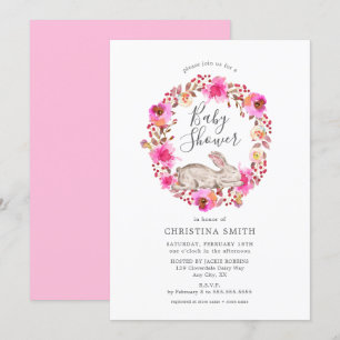 Invitation Baby shower de la fille Bunny à la flore rose