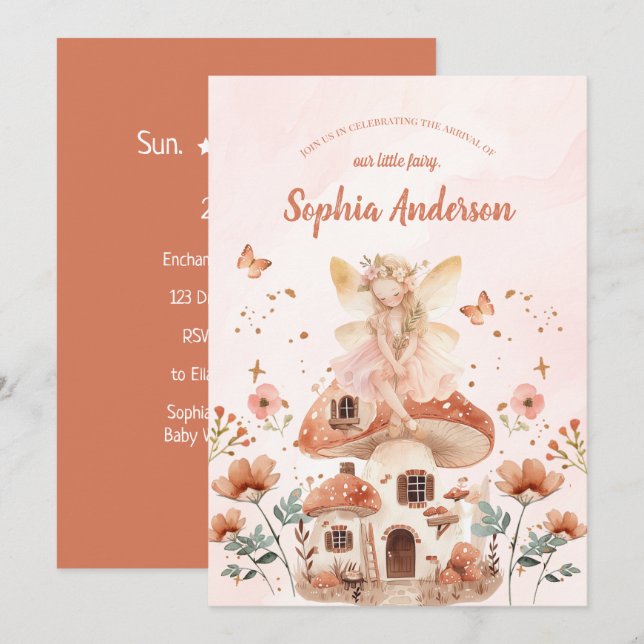 Invitation Baby shower de la fille de champignon de la forêt  (Devant / Derrière)