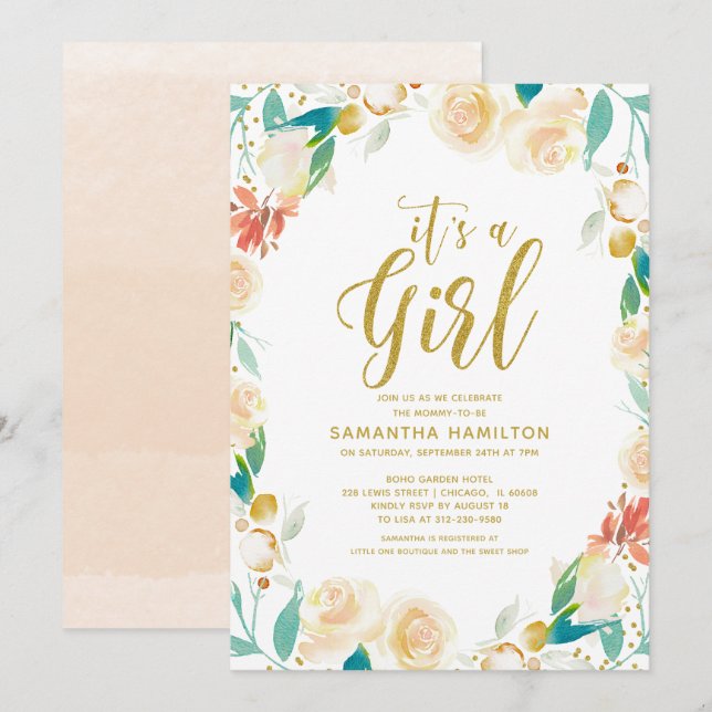 Invitation Baby shower de la fille de la couronne de fleurs d (Devant / Derrière)