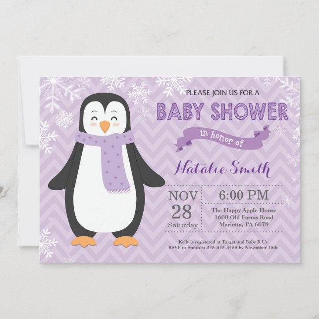 Invitation Baby shower de la fille de pingouin vio (Devant)