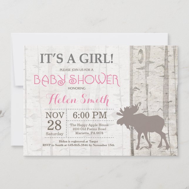 Invitation Baby shower de la fille d'orignal Woodl (Devant)