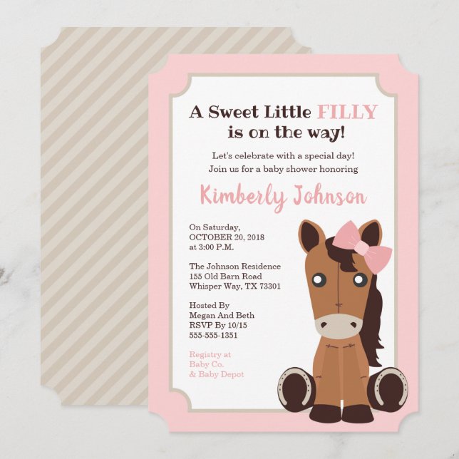 Invitation Baby shower de la fille du cheval (Devant / Derrière)