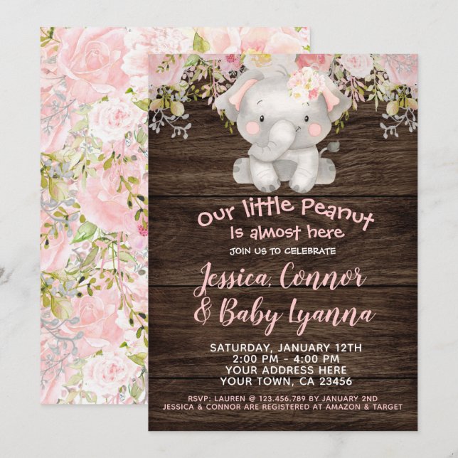 Invitation Baby shower de la fille éléphante (Devant / Derrière)