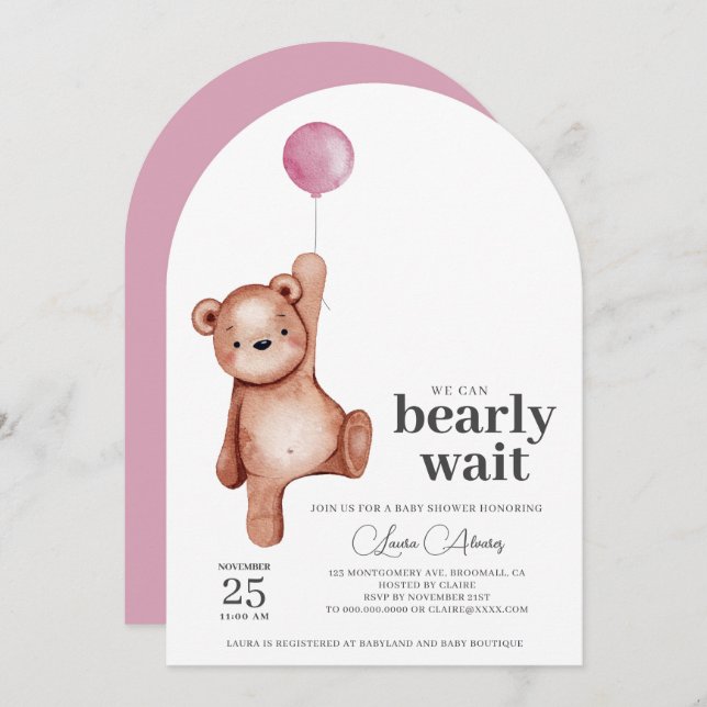 Invitation Baby shower de la fille ours en peluche (Devant / Derrière)