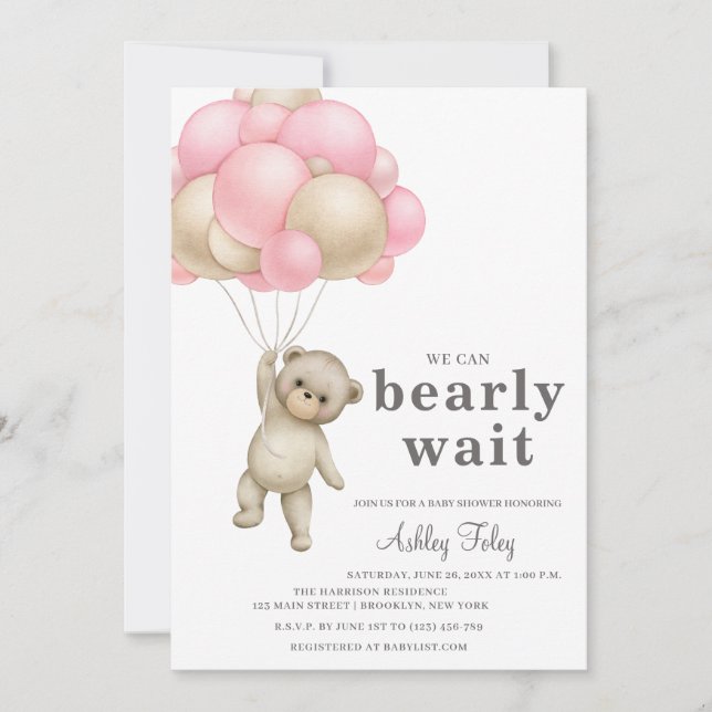 Invitation Baby shower de la fille ours en peluche (Devant)