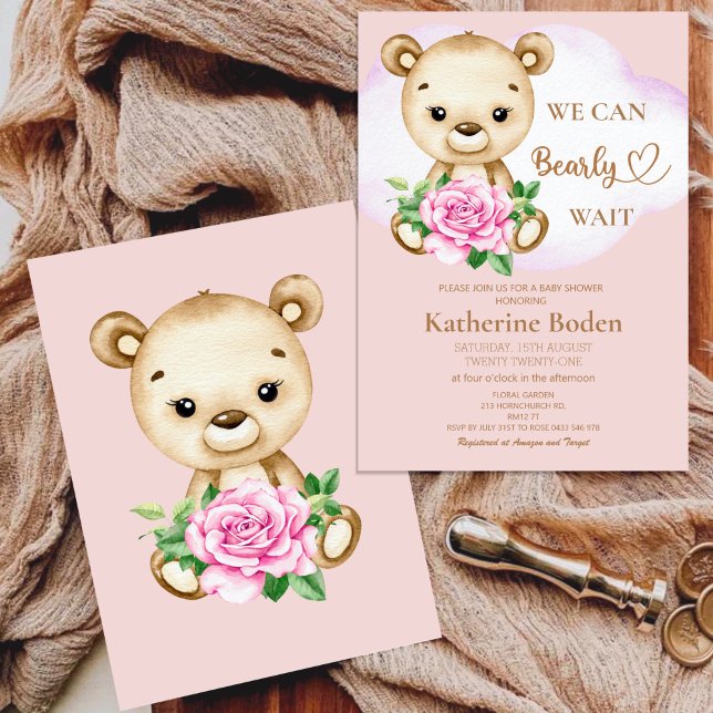 Invitation Baby shower de la fille ours en peluche (Créateur téléchargé)