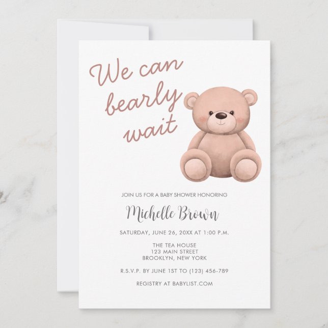 Invitation Baby shower de la fille ours en peluche (Devant)