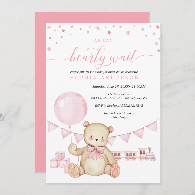 Invitation Baby shower de la fille ours en peluche (Devant / Derrière)