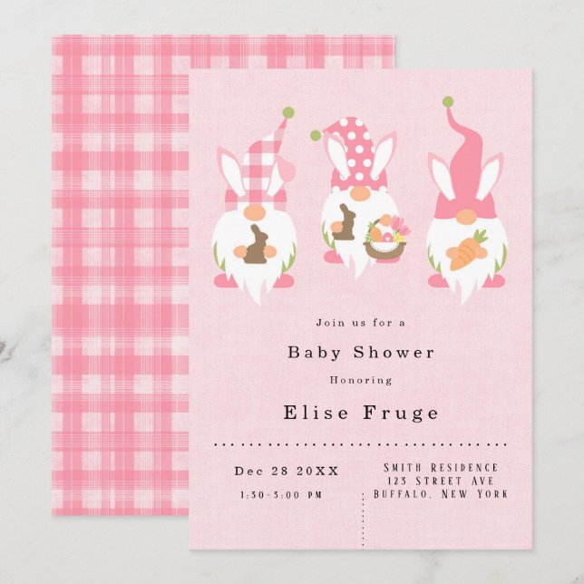 Invitation Baby shower de la fille rose de Pâques Gnomes (Devant / Derrière)