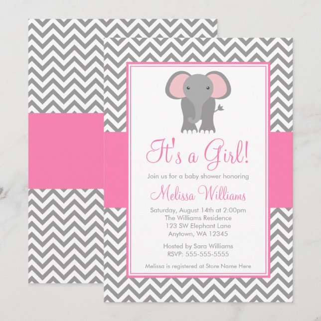 Invitation Baby shower de la fille rose gris de Chevron (Devant / Derrière)
