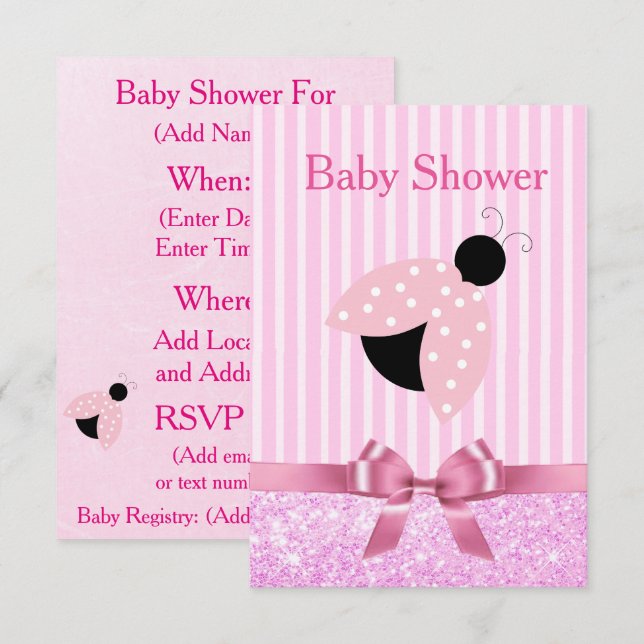 Invitation Baby shower de la fille rose Ladybug (Devant / Derrière)