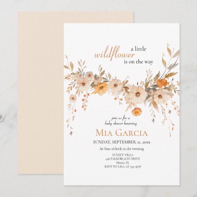 Invitation Baby shower de la fleur sauvage Whimsica Beige Ear (Devant / Derrière)